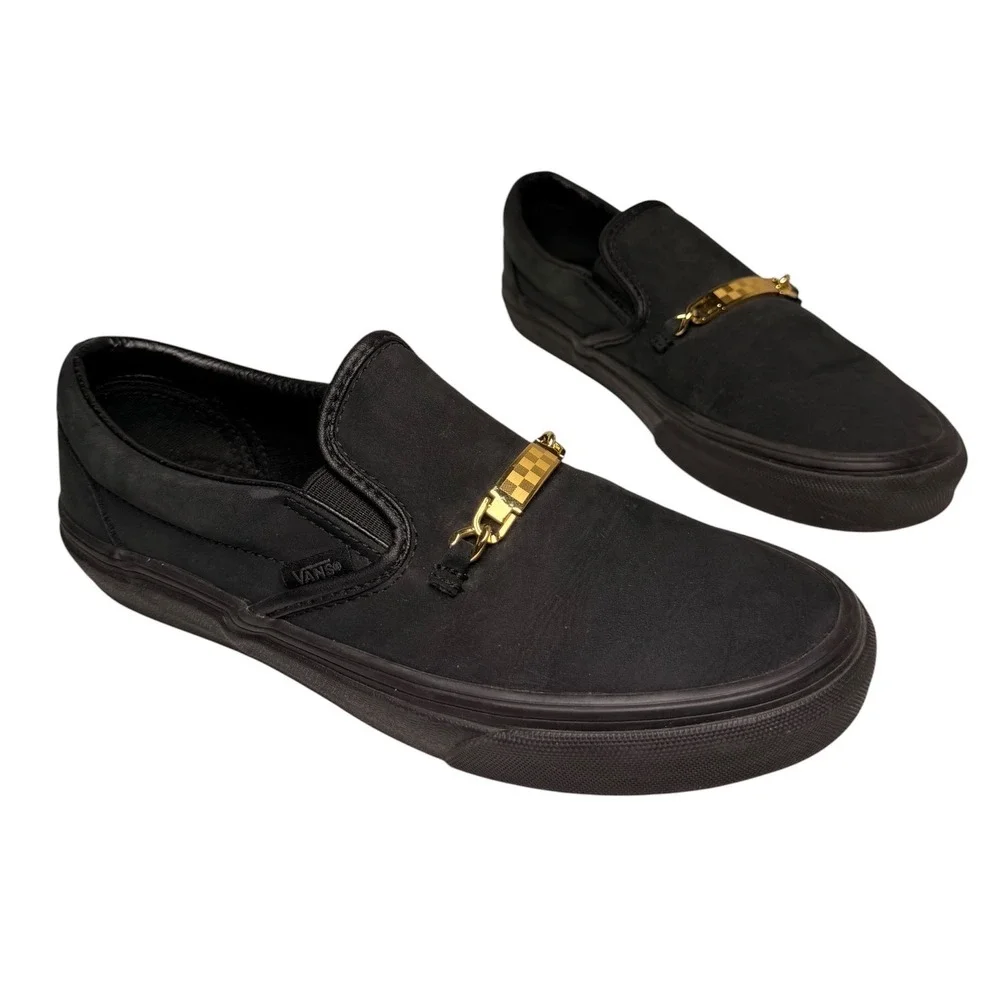 Vans Classic Slip On Black Gold Checkerboard Hardware Womens 7.5